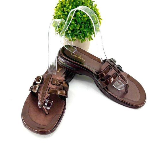 COLE-HAAN NIKE AIR BROWN LEATHER/PATENT LEATHER BUCKLE SANDALS - 7 - Picture 3 of 11